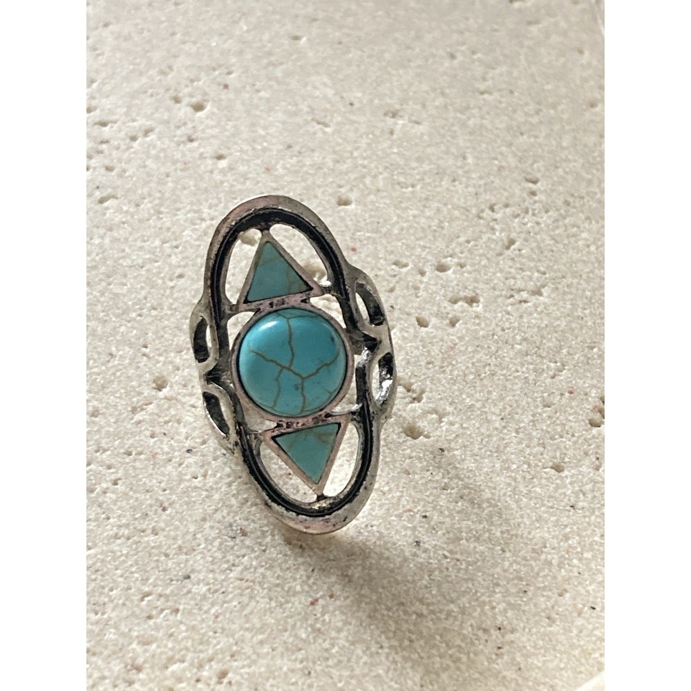 Southwestern Faux Turquoise Inlay‎ Ring Size 7 Silver Tone Tribal Open work